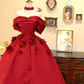 Red off-the-shoulder ball gown with a fitted waist and full skirt, bridal dress R7166