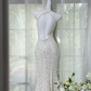 White halter-neck fitted bodycon long ball gown R7609