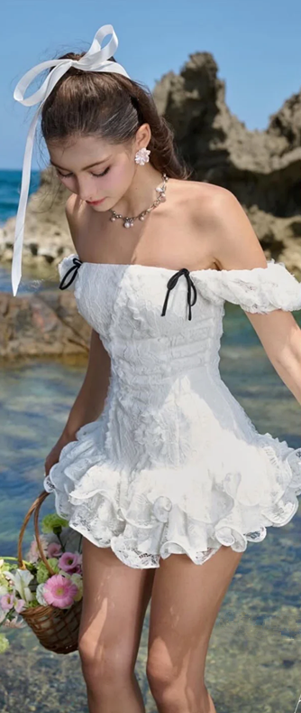 White one-shoulder slim waist A-line lace skirt short skirt homecoming dress R4554