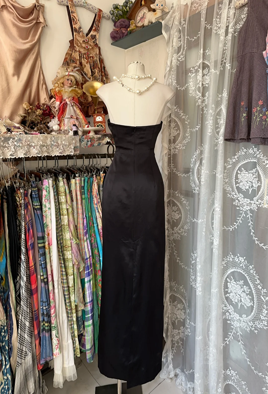 Black strapless satin fitted waist straight long dress, ball gown R6294