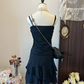 Black halter neckline bow design waist slim skirt homecoming dress R4272