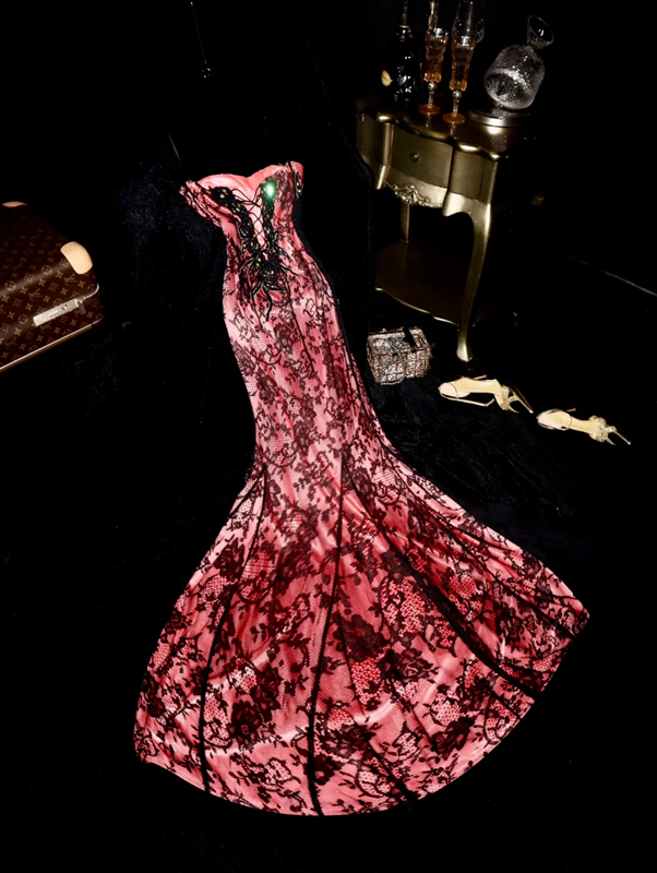 Pink strapless satin black lace fitted long ball gown R6933