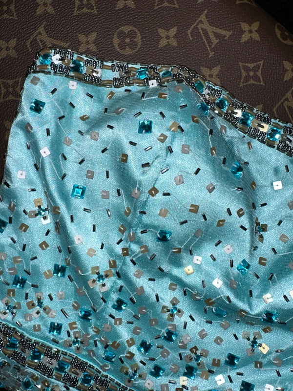 Light blue strapless beaded fitted long ball gown R6893