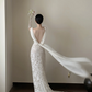 White V-neck, waist-cinched, slim-fit, lace cutout, long elegant prom dress, wedding dress R7960