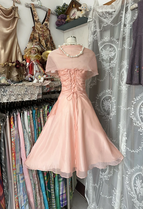 Pink halter-neck mini dress with a retro shawl design, a ball gown R6255
