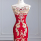 Red, heavy-duty strapless, fitted waist, vintage embroidered long ball gown/bridal dress R8254