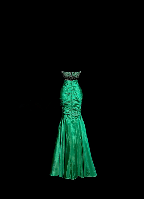 Green strapless rhinestone-embellished, fitted, hip-hugging ball gown R6614