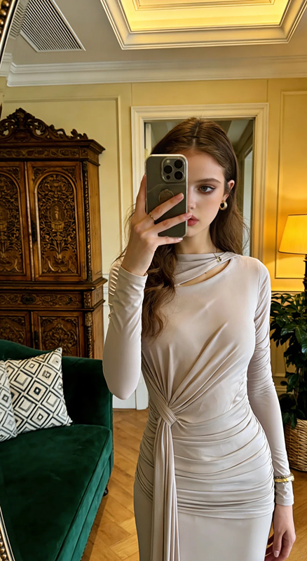 Light-colored, fitted, bodycon, sexy long ball gown R8617