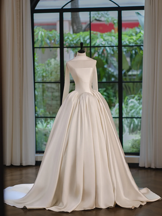 White tube top simple elegant waist slim satin long dress bridal gown R5701