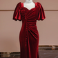 Deep red square neckline fitted waist long ball gown, bridal dress R8313