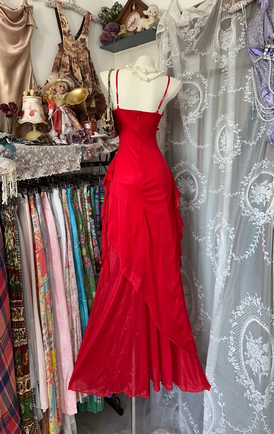 Red suspender waist slim satin sexy long skirt ball gown R6175