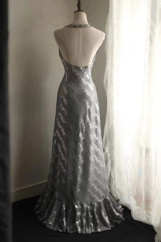 Grey halter-neck sequined fitted long ball gown R6734
