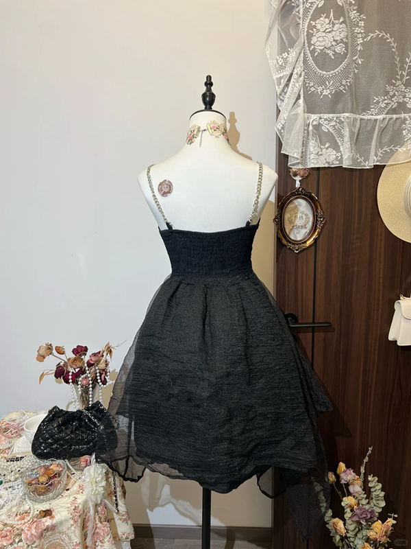 Black suspenders high waist slim irregular skirt short skirt homecoming dress R4352