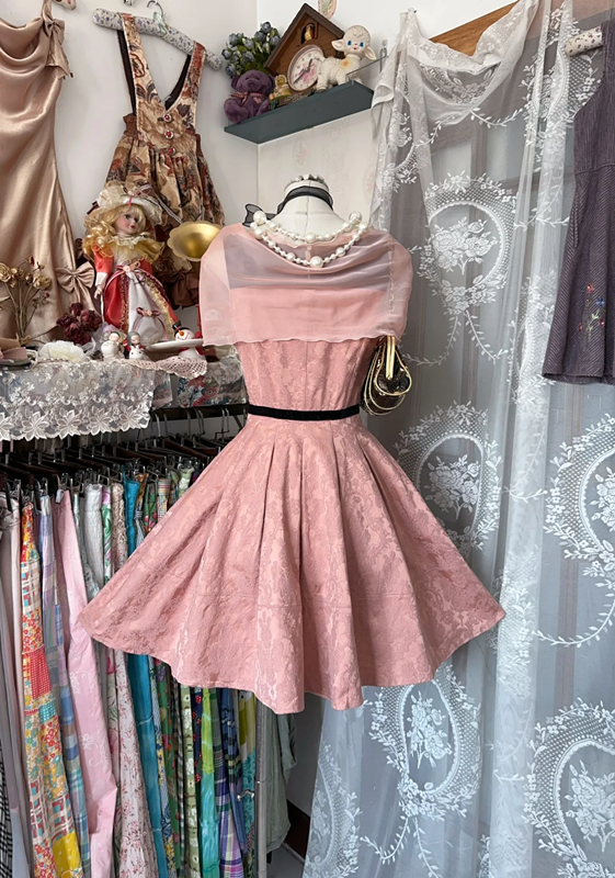 Pink sleeveless slim waist A-line temperament short skirt prom dress R6215