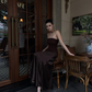 Brown strapless fitted long ball gown R8860