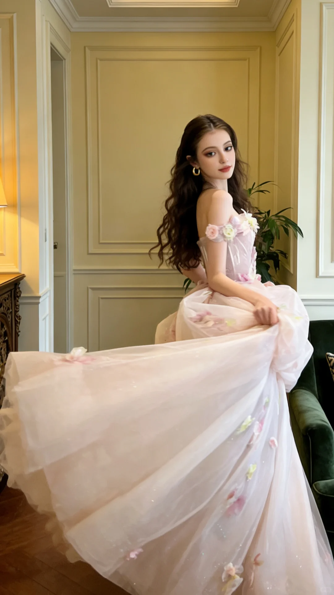 Light pink off-shoulder fitted waist slim-fitting tulip skirt long ball gown/bridal dress R8830