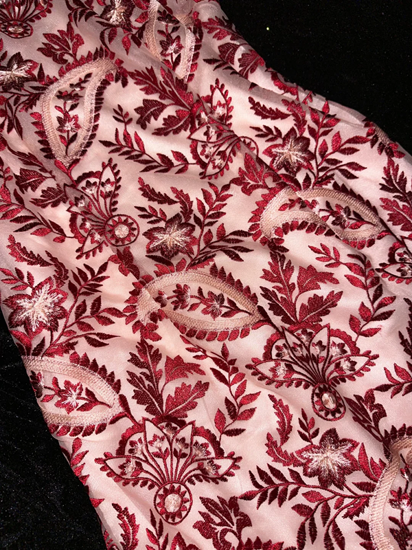 White lining with red floral embroidery, mid-length ball gown R6853