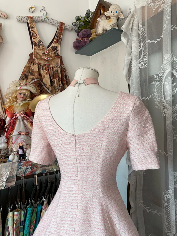 Pink short-sleeved fitted A-line mini skirt, prom dress R6334