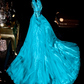Lake blue halter neck fitted waist sexy long ball gown R7013
