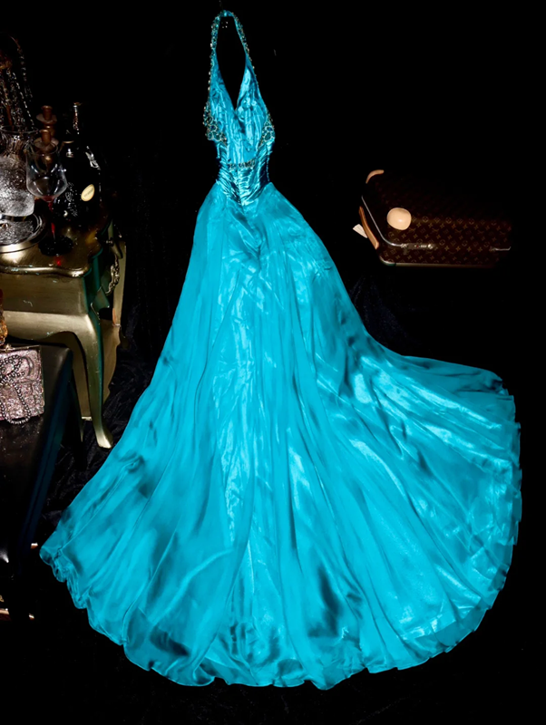Lake blue halter neck fitted waist sexy long ball gown R7013