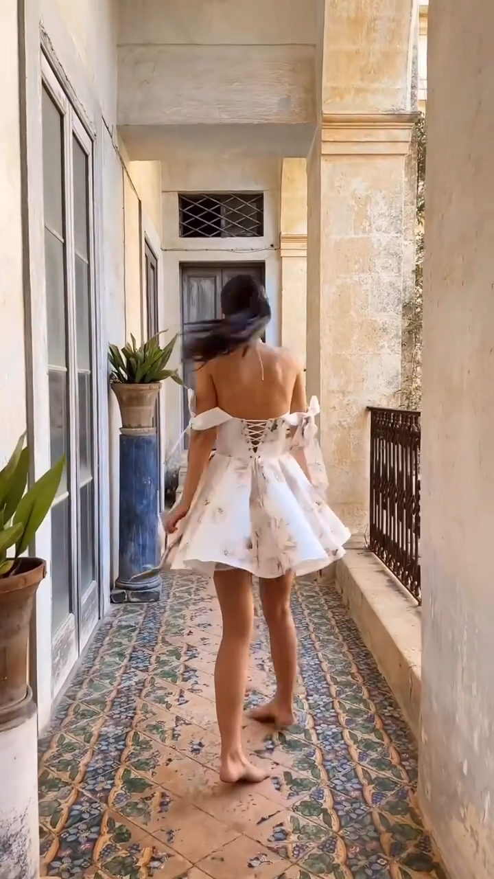 White floral halter tie waist long skirt homecoming dress R5583