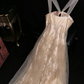 Apricot halter-neck fitted long ball gown R7053