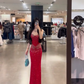Red strapless waist-cinching slim-fit bodycon sexy long prom dress R7920