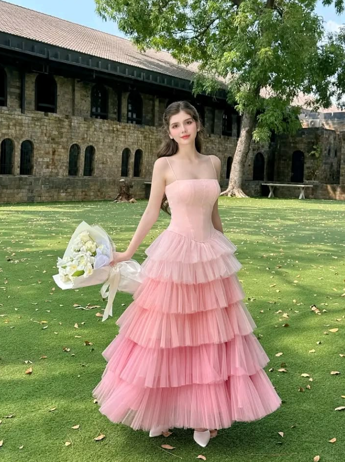 Sweet Tulle Ruffled Prom Gown Blush Pink Women's Corset Maxi Evening Dress Birthday Dress RS2922