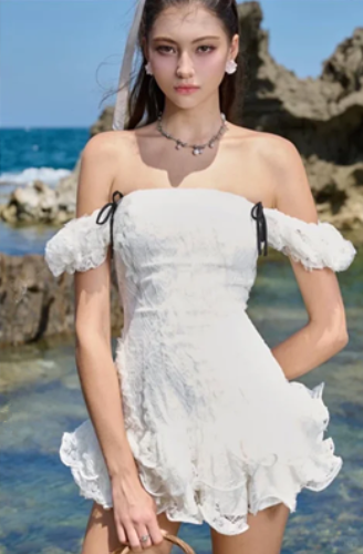 White one-shoulder slim waist A-line lace skirt short skirt homecoming dress R4554