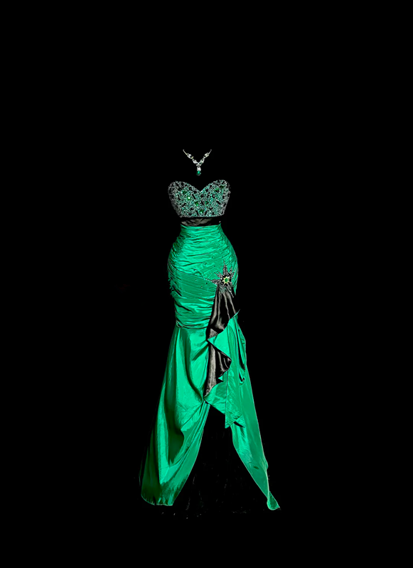 Green strapless rhinestone-embellished, fitted, hip-hugging ball gown R6614
