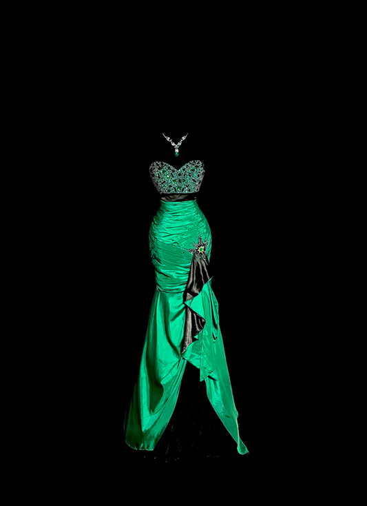Green strapless rhinestone-embellished, fitted, hip-hugging ball gown R6614