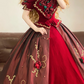 Red Retro Floral-Patterned Waist-Cinched Puffy-Hem Long-Length Ball Gown, Bridal Gown R7327
