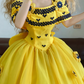 Yellow Off-the-Shoulder Waist-Cinched Elegant Puffball Skirt Ball Gown, Bridal Gown R7345