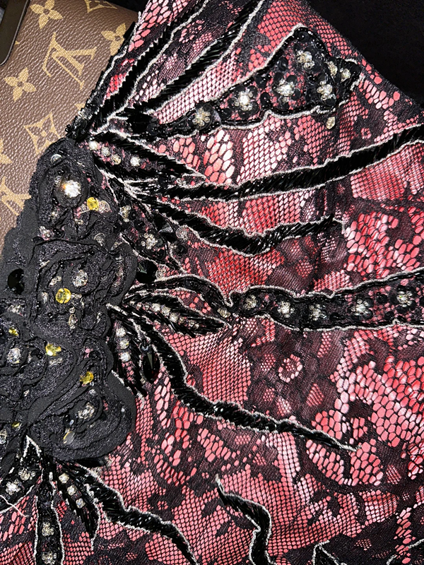 Pink strapless satin black lace fitted long ball gown R6933