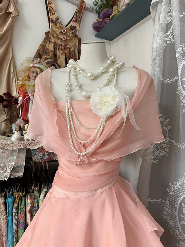 Pink halter-neck mini dress with a retro shawl design, a ball gown R6255