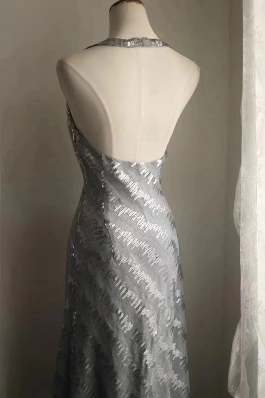 Grey halter-neck sequined fitted long ball gown R6734