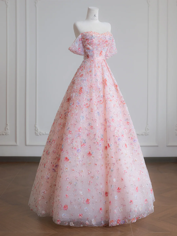 Light pink floral sequined off-the-shoulder fitted waist ball gown/bridal dress R8234