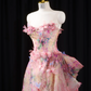 Pink floral print strapless fitted long ball gown, bridal dress R8920