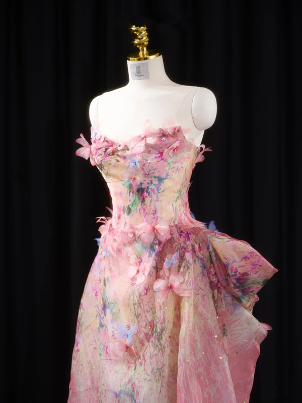 Pink floral print strapless fitted long ball gown, bridal dress R8920