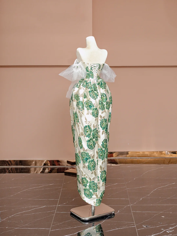 Retro strapless green floral print fitted waist puff skirt long ball gown R8375