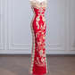 Red, heavy-duty strapless, fitted waist, vintage embroidered long ball gown/bridal dress R8254
