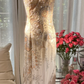 Light apricot halter neck, fitted waist, backless, sexy rhinestone long ball gown R7760