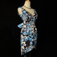 Black background blue print series V-neck waist slim hip skirt homecoming dress R4962