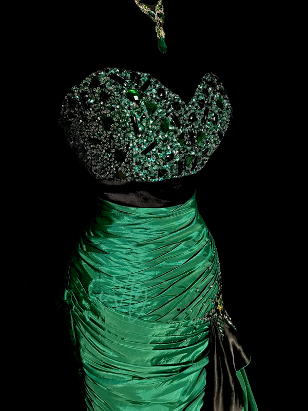 Green strapless rhinestone-embellished, fitted, hip-hugging ball gown R6614