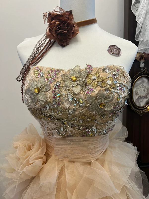 Orange tube top embroidered flower waist slim fit fluffy tulle cute princess skirt homecoming dress R4311