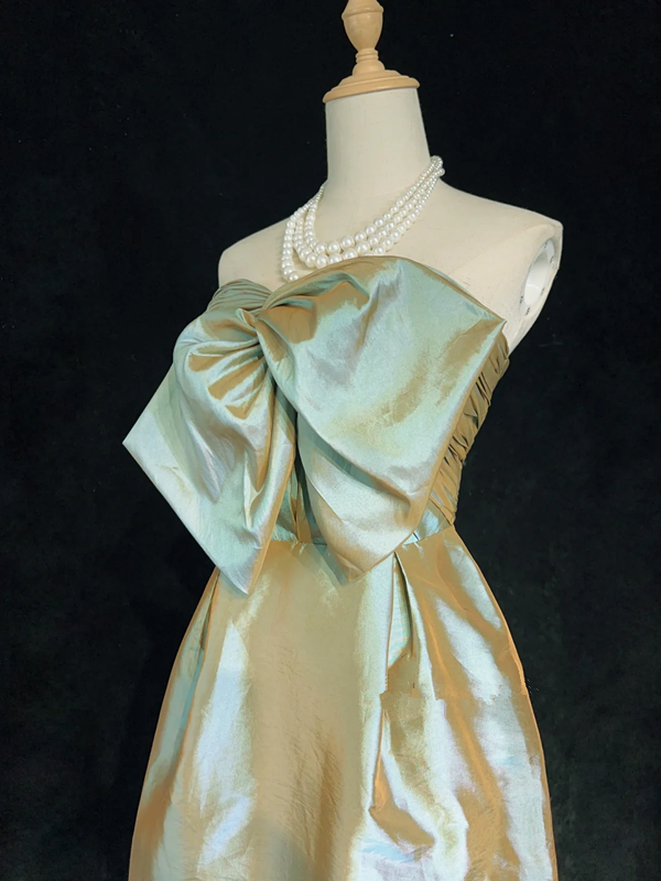 Light green gilded satin bow strapless design waisted mid-length skirt homecoming dress R5002