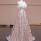 Light pink off-the-shoulder neckline, fitted waist, long flowing skirt, ball gown, bridal dress R8341