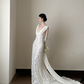White V-neck, waist-cinched, slim-fit, lace cutout, long elegant prom dress, wedding dress R7960