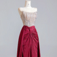 Silver strapless fitted bodice with burgundy long skirt, a formal ball gown/bridal dress R8525