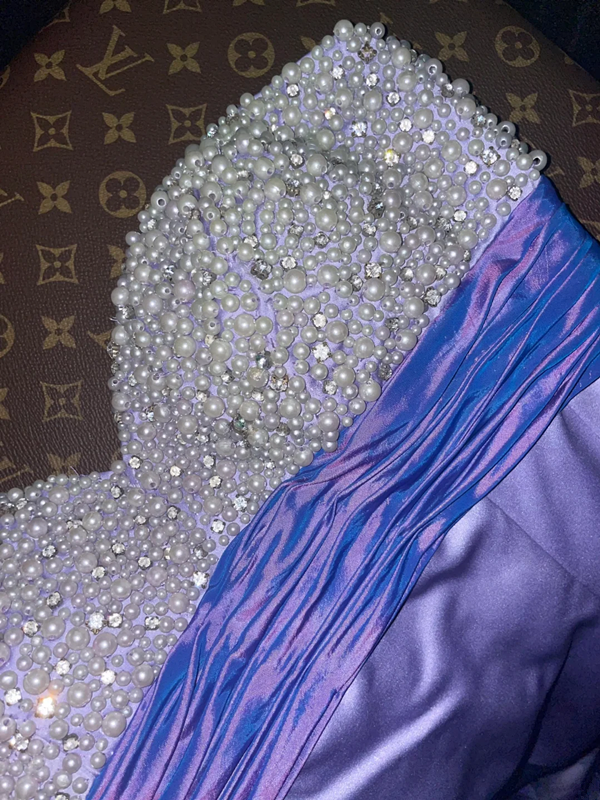 Purple strapless beaded fitted long ball gown R6973